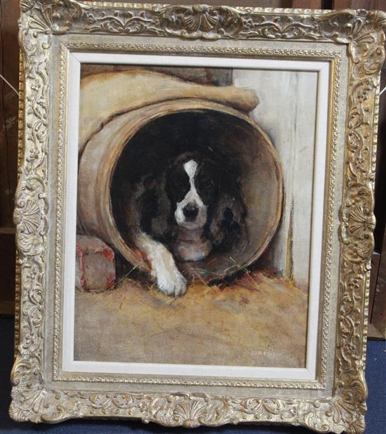 Samuel Fulton (1855-1941) Dog in a barrel kennel 20 x 16in.